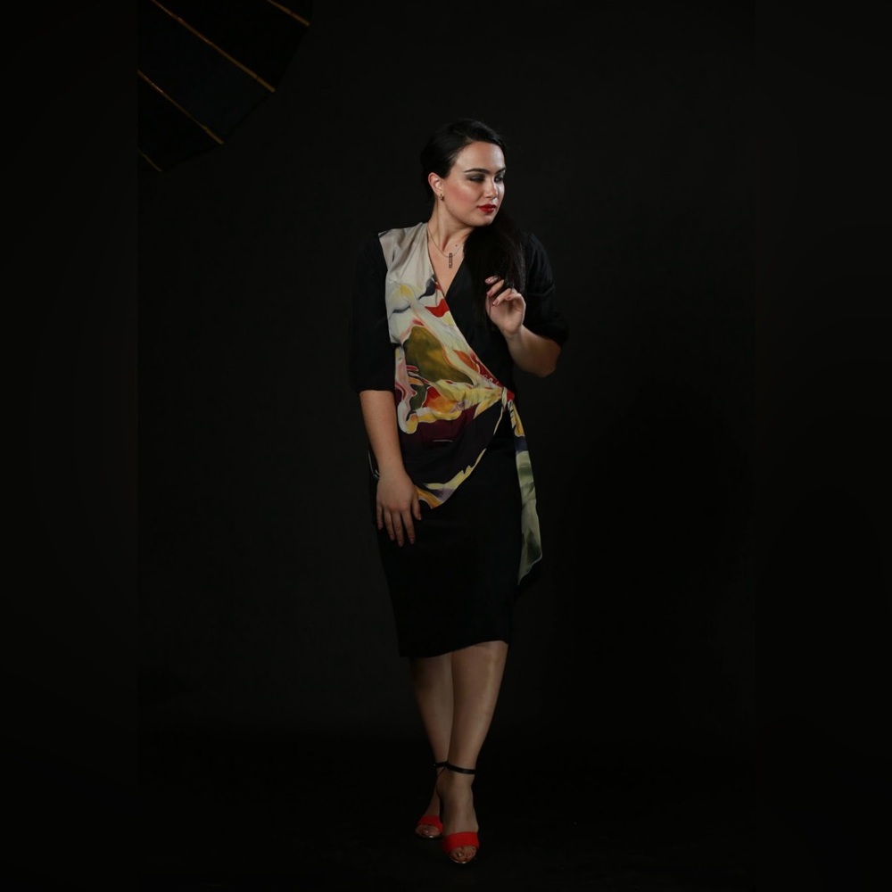 Black and Gold Wrap Dress with Puff Sleeves
